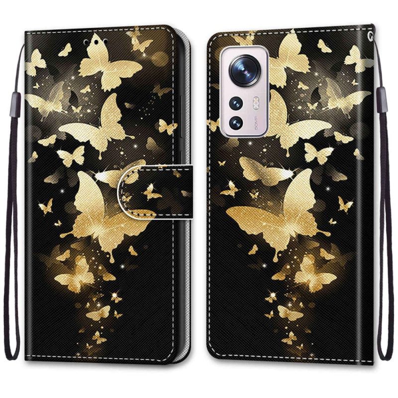 Flip Case Für Xiaomi 12 / 12X Mit Kordel Goldene Schmetterlinge Mit Riemen