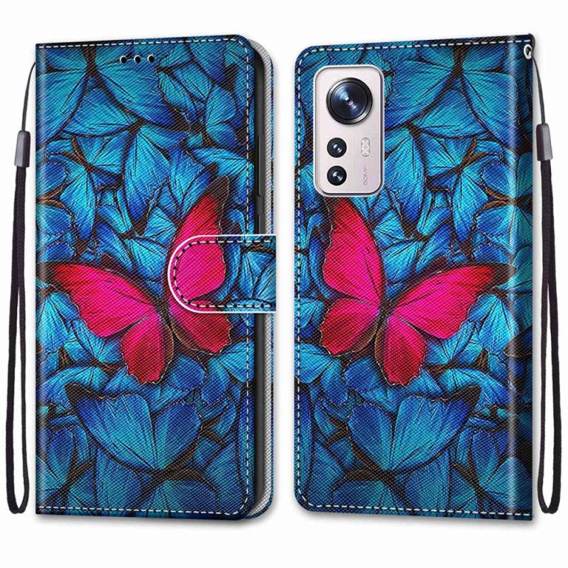 Flip Case Für Xiaomi 12 / 12X Mit Kordel Roter Schmetterling Mit Riemen