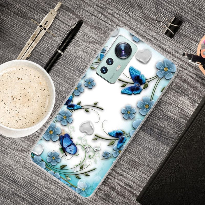 Hülle Für Xiaomi 12 / 12X Blaue Blumen Und Schmetterlinge