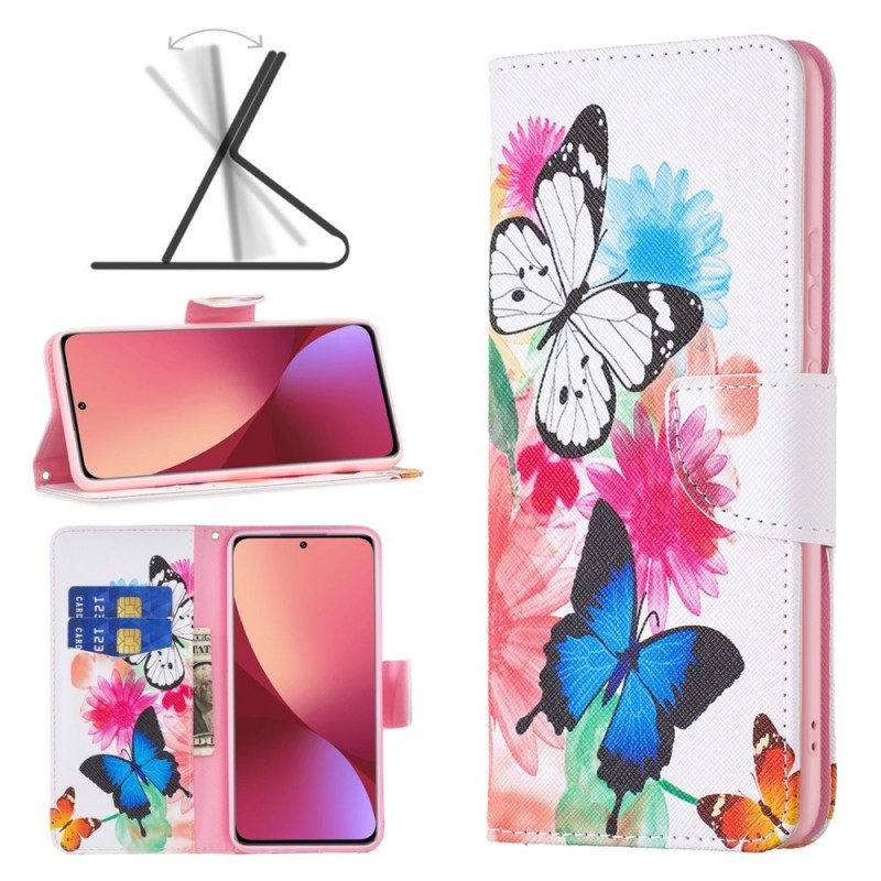 Lederhüllen Für Xiaomi 12 / 12X Bemalte Schmetterlinge Und Blumen