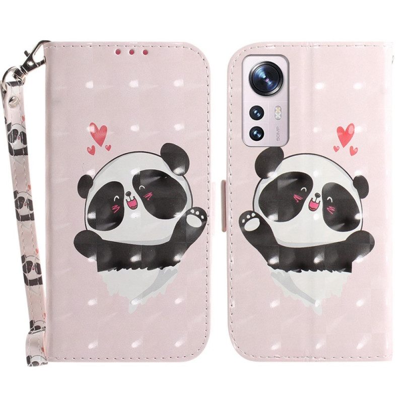 Lederhüllen Für Xiaomi 12 / 12X Mit Kordel Panda Love Mit Schlüsselband