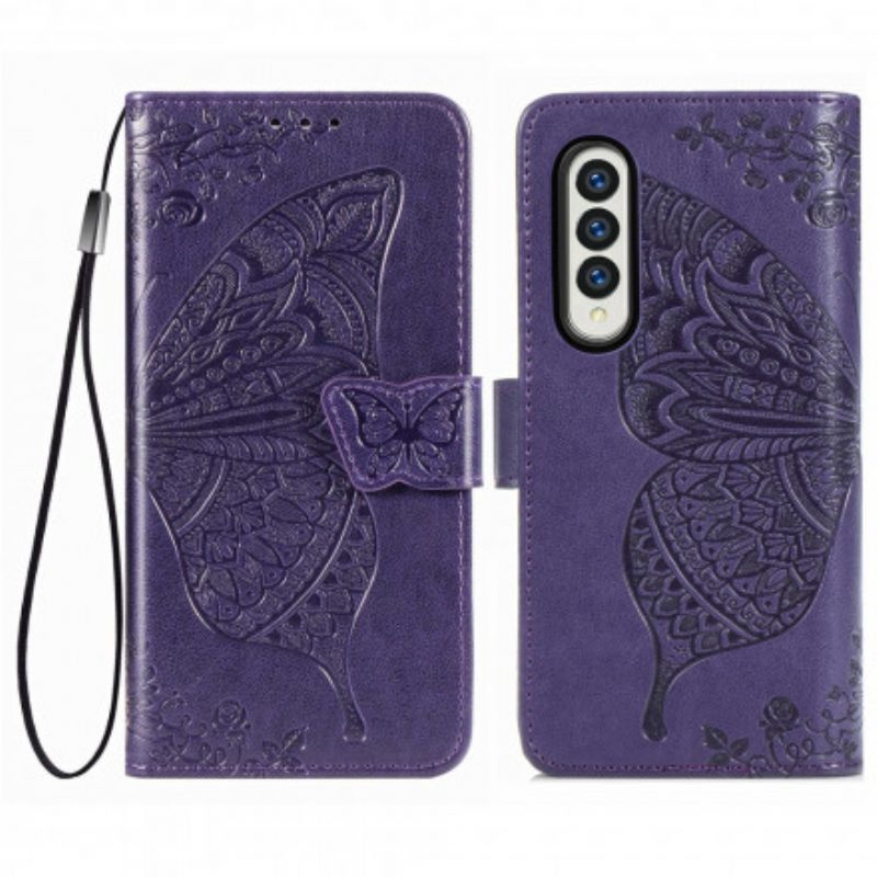 Flip Case Für Samsung Galaxy Z Fold 3 5G Schmetterlingsdesign Mit Umhängeband