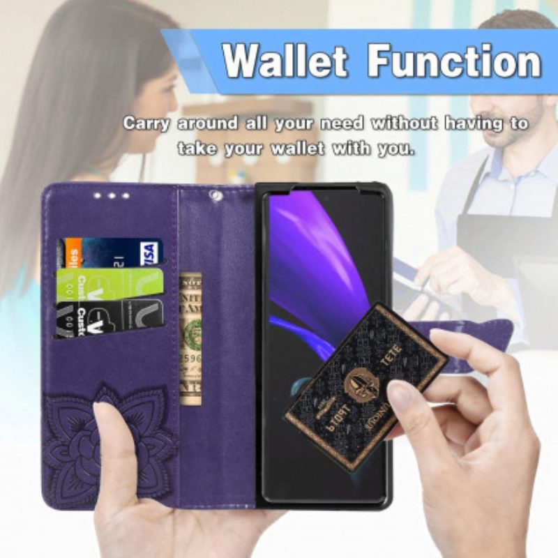 Flip Case Für Samsung Galaxy Z Fold 3 5G Schmetterlingsdesign Mit Umhängeband