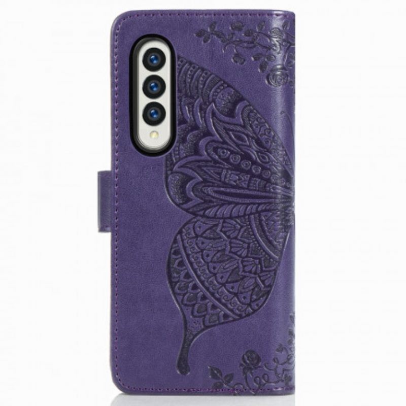 Flip Case Für Samsung Galaxy Z Fold 3 5G Schmetterlingsdesign Mit Umhängeband