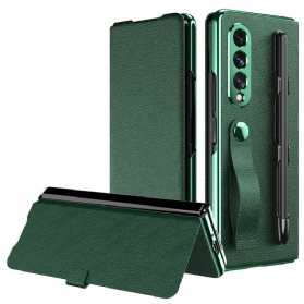 Schutzhülle Für Samsung Galaxy Z Fold 3 5G Flip Case Stifthalter Und Riemen Aus Litchi-leder Im Stil