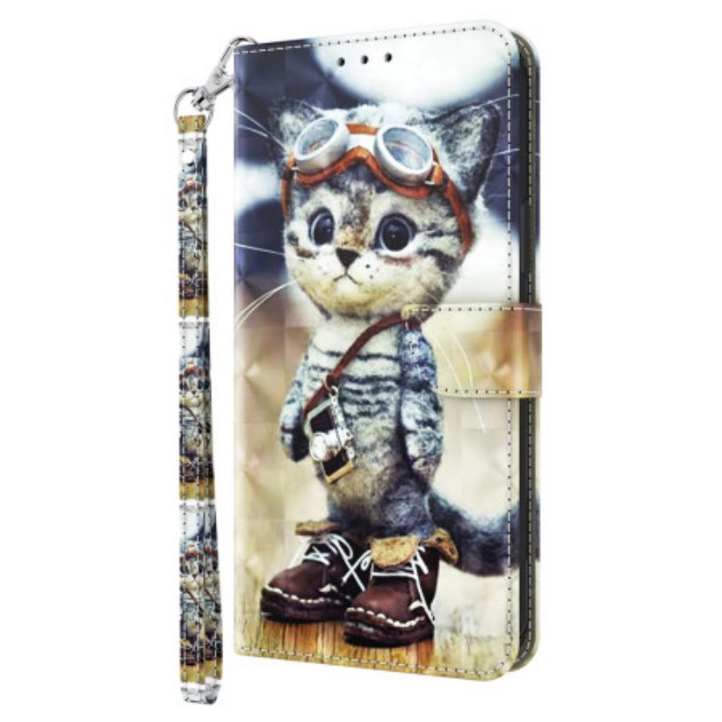 Lederhüllen Xiaomi Redmi Note 13 4g Handyhülle Fliegerkatze Mit Riemen