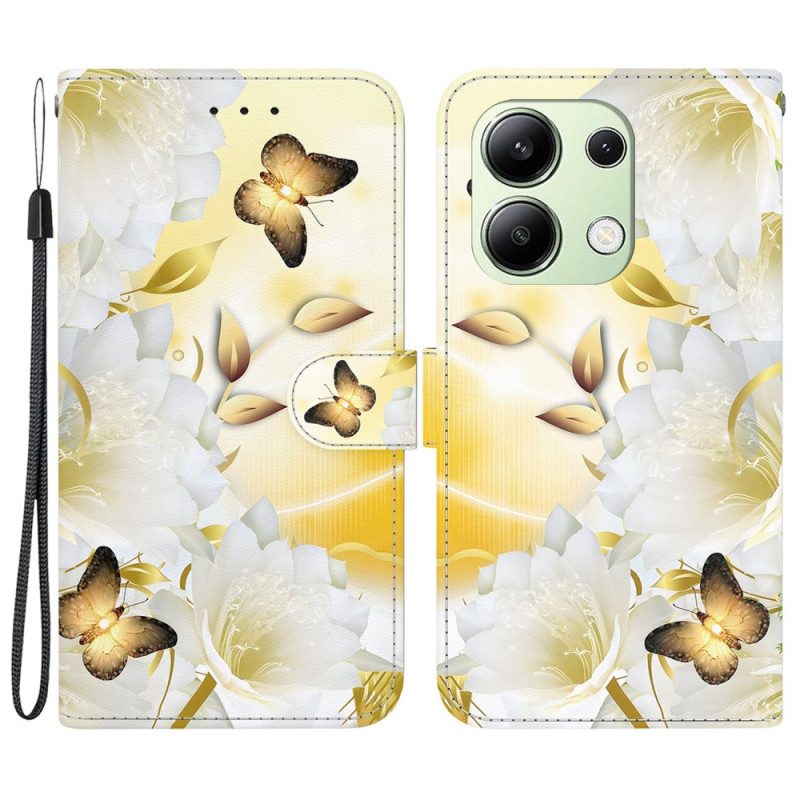 Lederhüllen Xiaomi Redmi Note 13 4g Handyhülle Goldene Schmetterlinge Und Weiße Blumen Mit Riemen