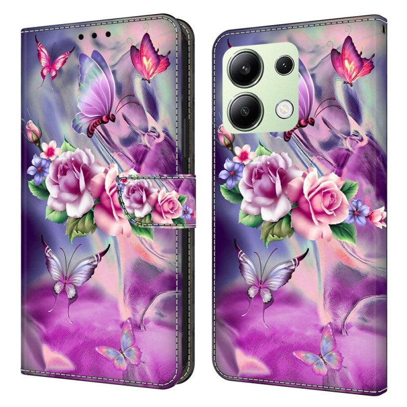 Lederhüllen Xiaomi Redmi Note 13 4g Handyhülle Schmetterlinge Und Violette Blumen