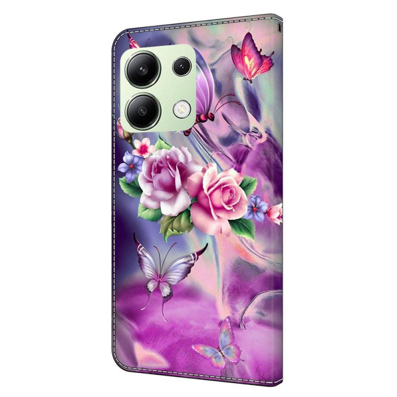 Lederhüllen Xiaomi Redmi Note 13 4g Handyhülle Schmetterlinge Und Violette Blumen