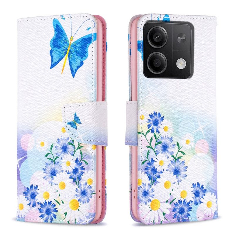 Lederhüllen Xiaomi Redmi Note 13 4g Handyhülle Schmetterlings- Und Blumenaquarell