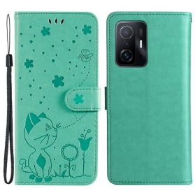 Flip Case Für Xiaomi 11T / 11T Pro Mit Kordel Katze Und Biene Mit Schlüsselband