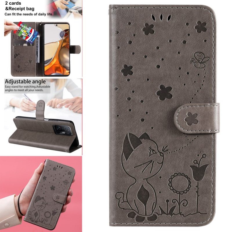 Flip Case Für Xiaomi 11T / 11T Pro Mit Kordel Katze Und Biene Mit Schlüsselband