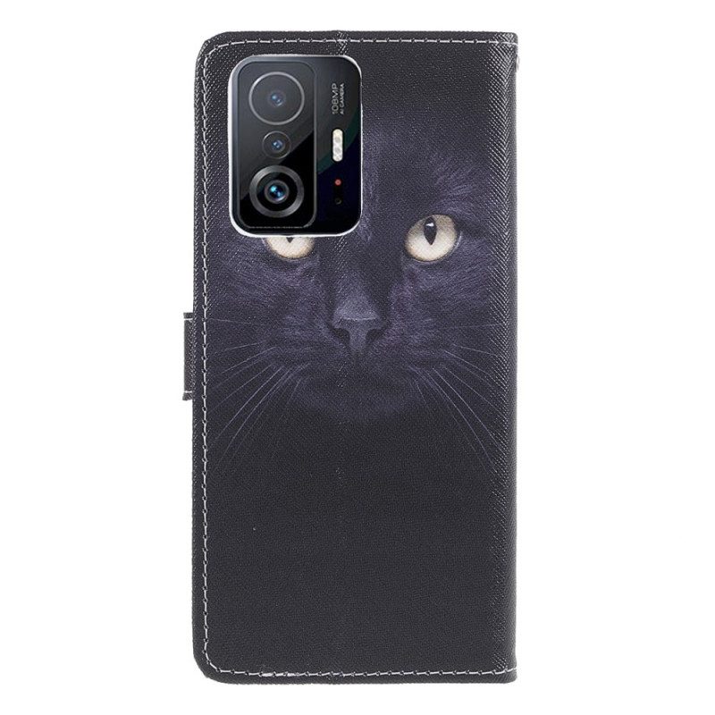 Flip Case Für Xiaomi 11T / 11T Pro Mit Kordel Riemchenförmige Schwarze Katzenaugen