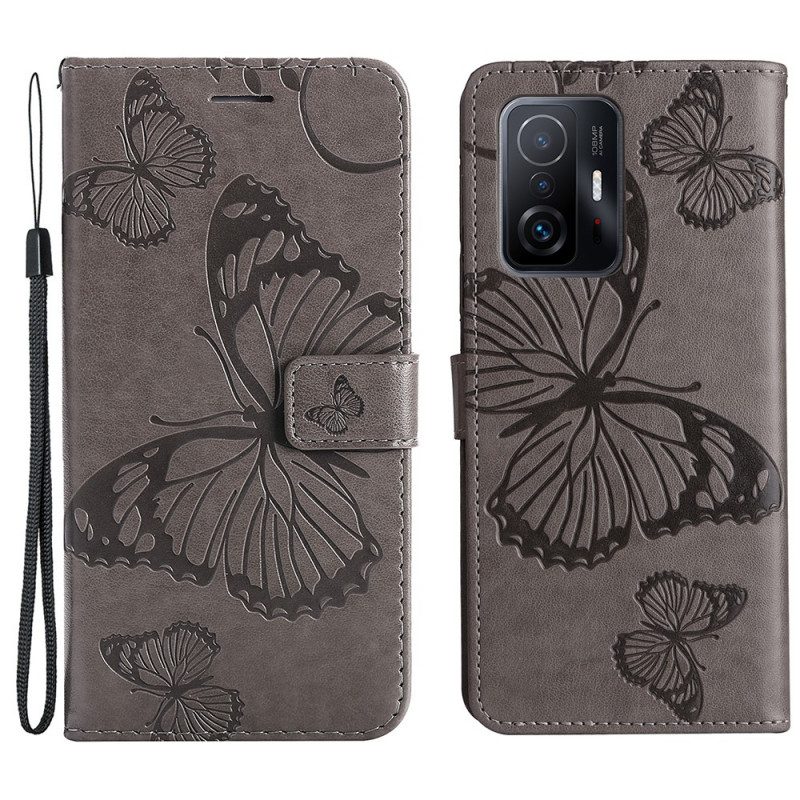 Flip Case Für Xiaomi 11T / 11T Pro Mit Kordel Riesige Riemenschmetterlinge