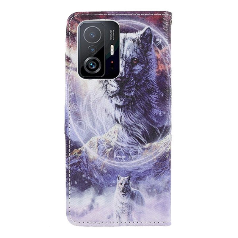 Lederhüllen Für Xiaomi 11T / 11T Pro Wolf Im Winter Mit Schlüsselband