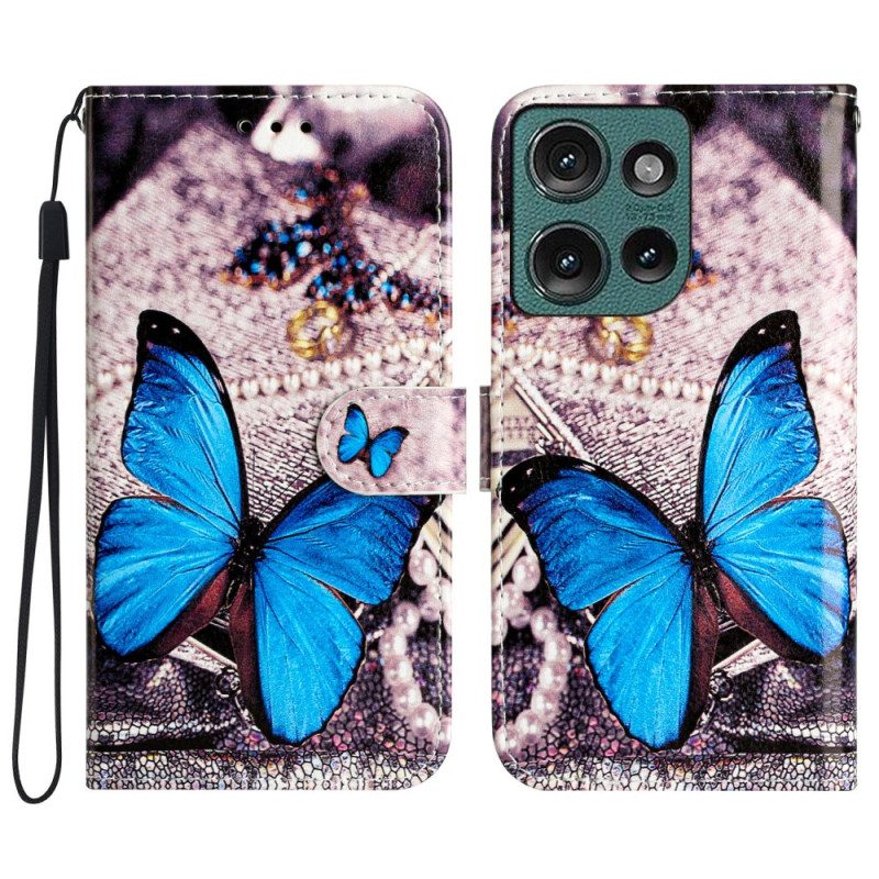 Lederhüllen Motorola Edge 50 Handyhülle Blauer Schmetterling Mit Riemen