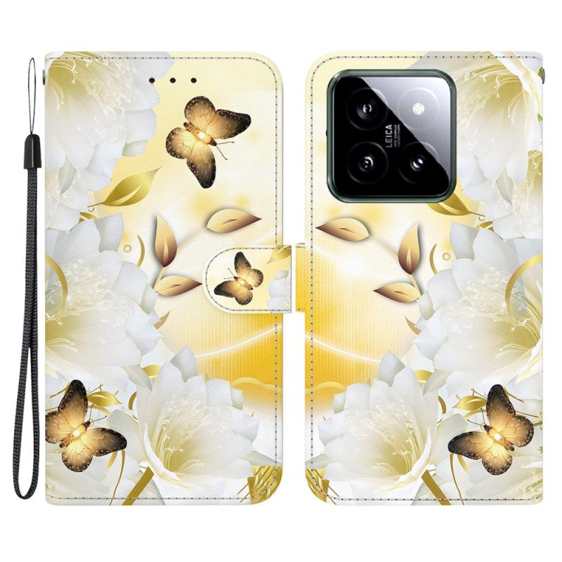 Lederhüllen Für Xiaomi 14 Goldene Schmetterlinge Und Weiße Blumen Mit Riemen