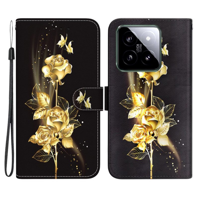 Lederhüllen Für Xiaomi 14 Schmetterlinge Und Rosen Gold