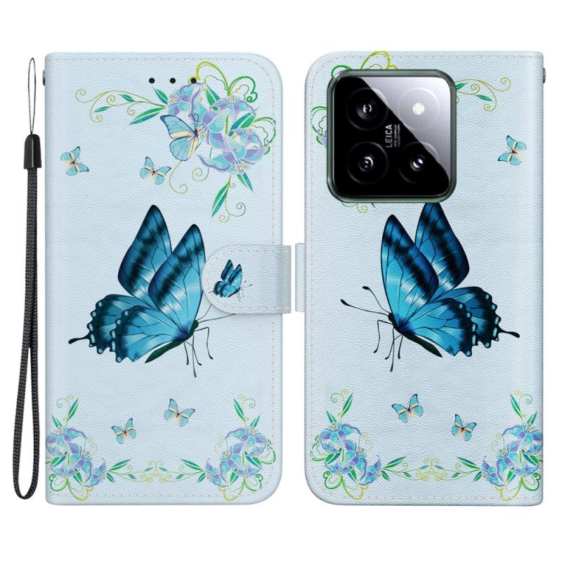 Lederhüllen Xiaomi 14 Blauer Schmetterling Und Blumen