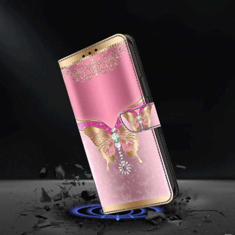 Lederhüllen Xiaomi 14 Gold-rosa Schmetterling