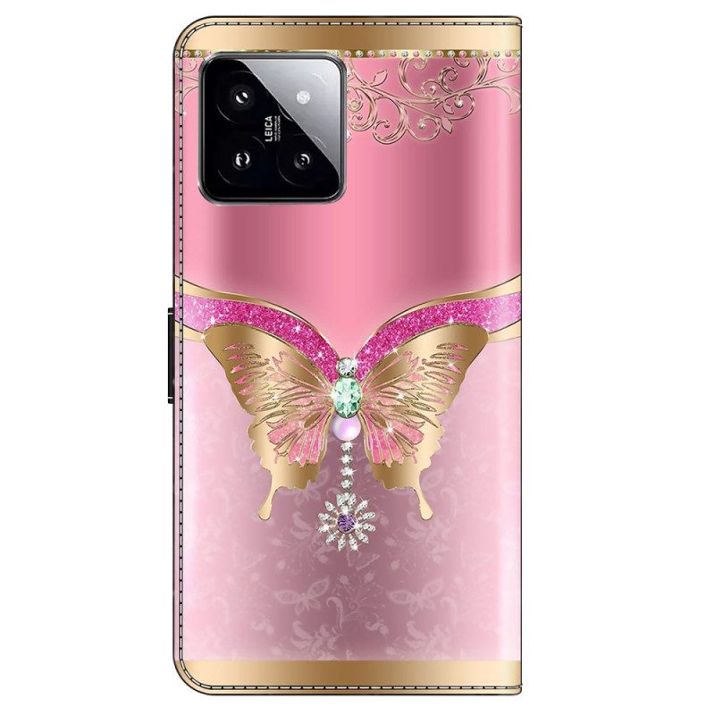 Lederhüllen Xiaomi 14 Gold-rosa Schmetterling