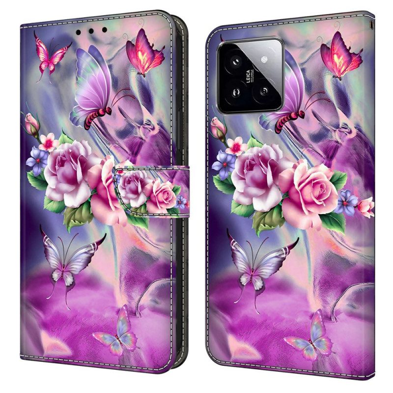 Lederhüllen Xiaomi 14 Handyhülle Lila Schmetterlinge Und Blumen