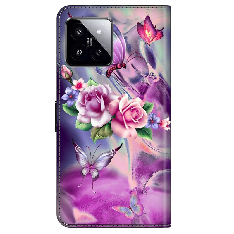 Lederhüllen Xiaomi 14 Handyhülle Lila Schmetterlinge Und Blumen