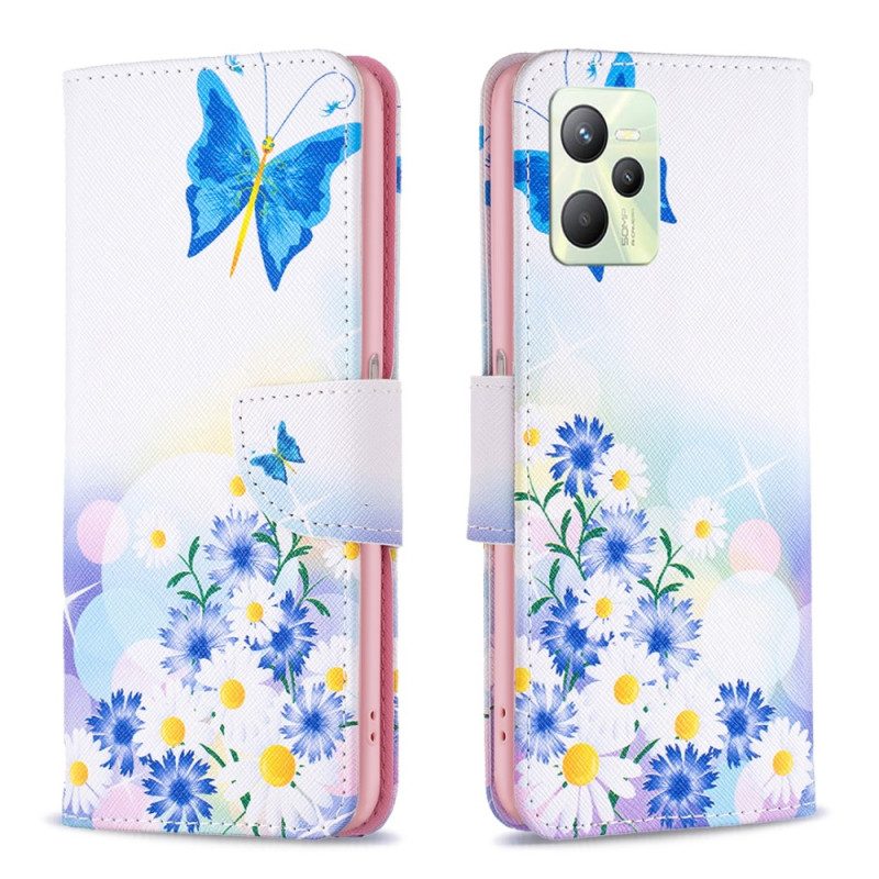 Flip Case Für Realme C35 Blumen Schmetterlinge