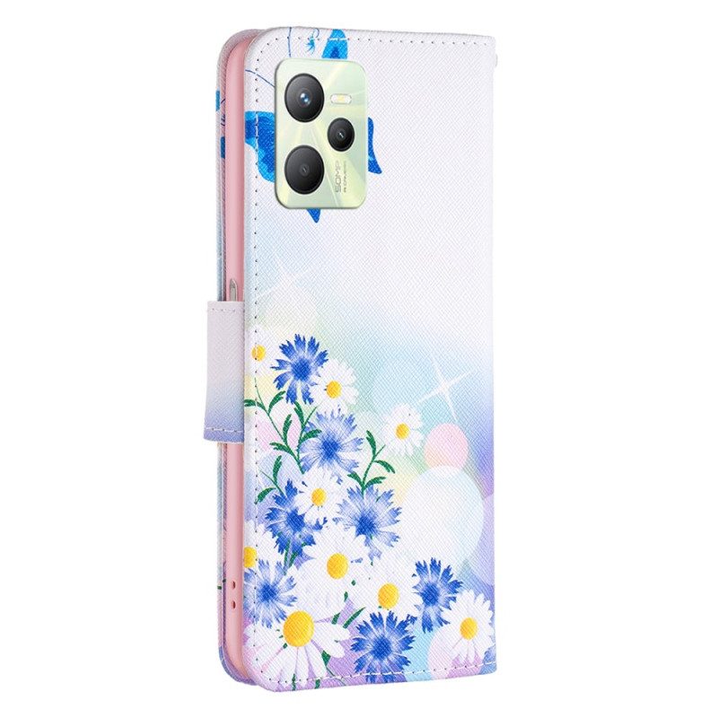 Flip Case Für Realme C35 Blumen Schmetterlinge