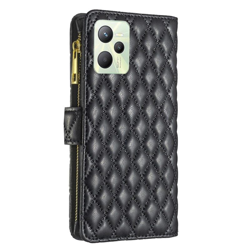 Flip Case Für Realme C35 Mit Kordel Binfen Color Gesteppter Riemchenstil