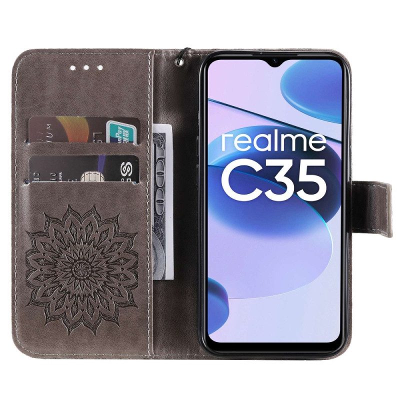 Flip Case Für Realme C35 Mit Kordel Riemchen-sonnen-mandala