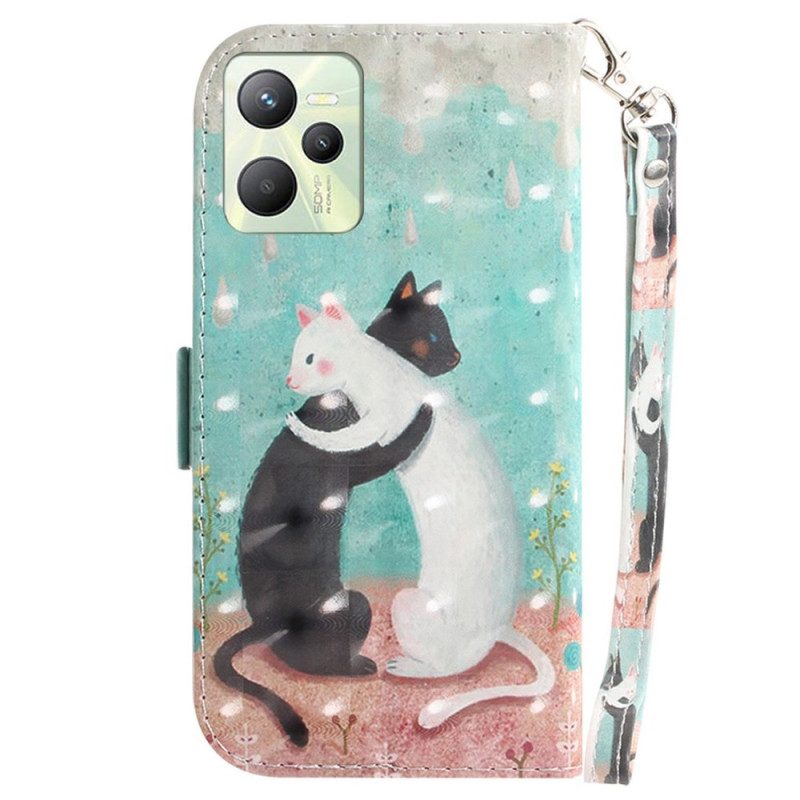 Flip Case Für Realme C35 Mit Kordel Weiße Katze. Schwarze Katze Mit Riemen