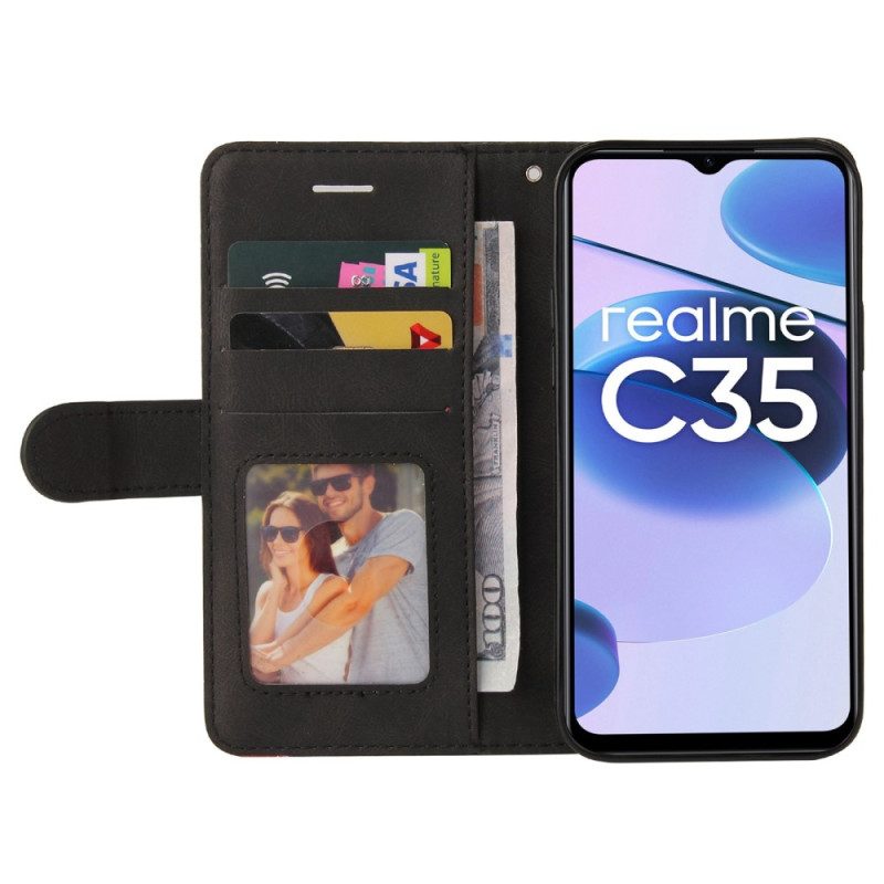 Flip Case Für Realme C35 Mit Kordel Zweifarbige Linien Mit Riemen