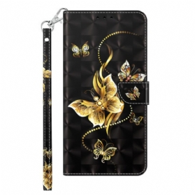 Flip Case Für iPhone 14 Pro Mit Kordel Goldene Schmetterlinge Mit Riemen