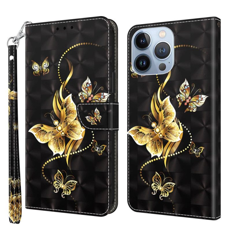 Flip Case Für iPhone 14 Pro Mit Kordel Goldene Schmetterlinge Mit Riemen