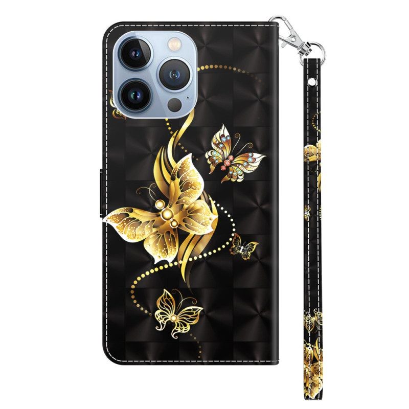 Flip Case Für iPhone 14 Pro Mit Kordel Goldene Schmetterlinge Mit Riemen