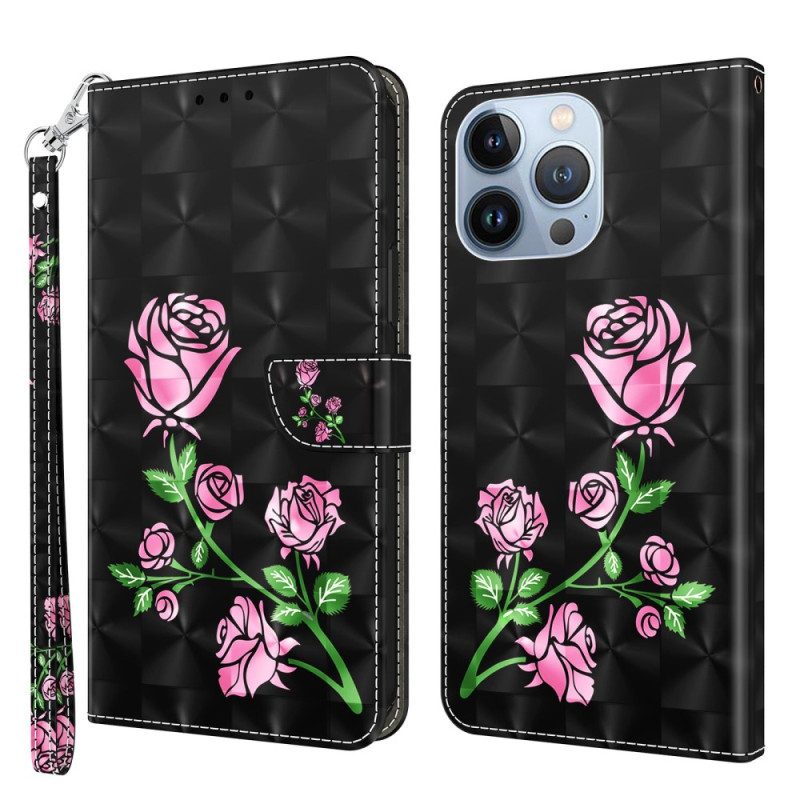 Flip Case Für iPhone 14 Pro Mit Kordel Riemenrosen