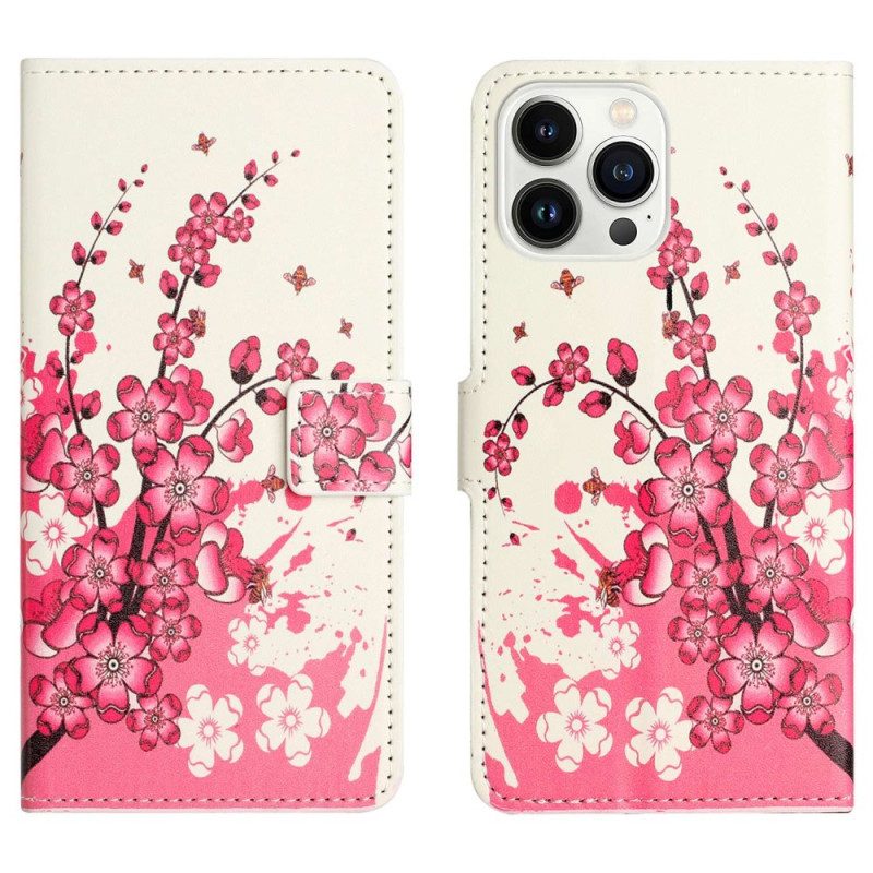 Flip Case Für iPhone 14 Pro Tropische Blumen