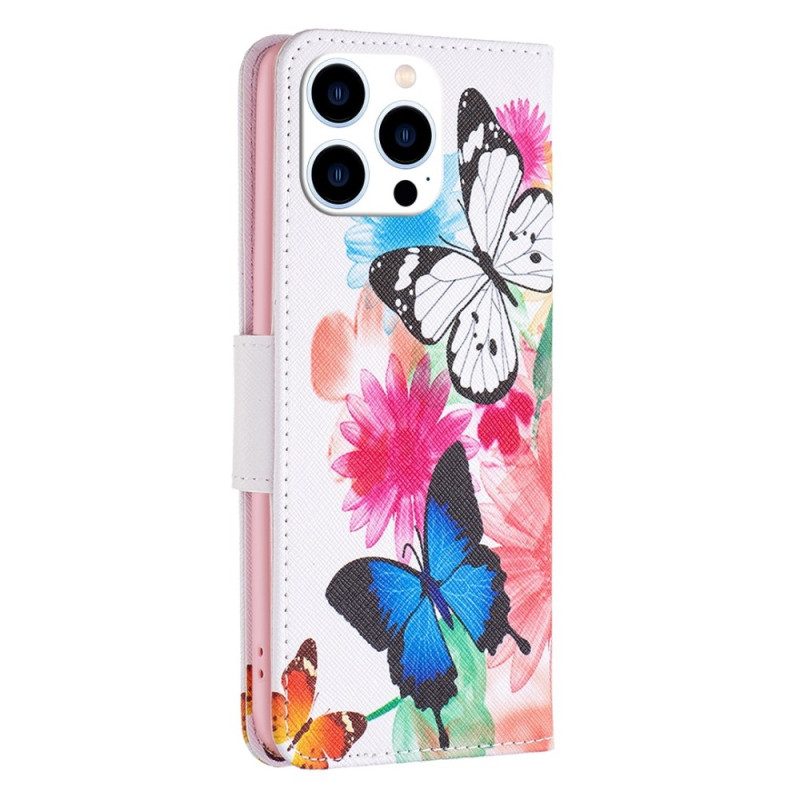 Lederhüllen Für iPhone 14 Pro Aquarell-schmetterlinge