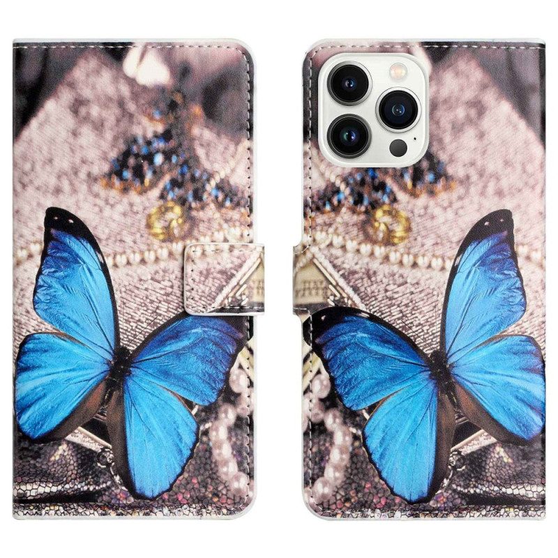 Lederhüllen Für iPhone 14 Pro Blauer Schmetterling