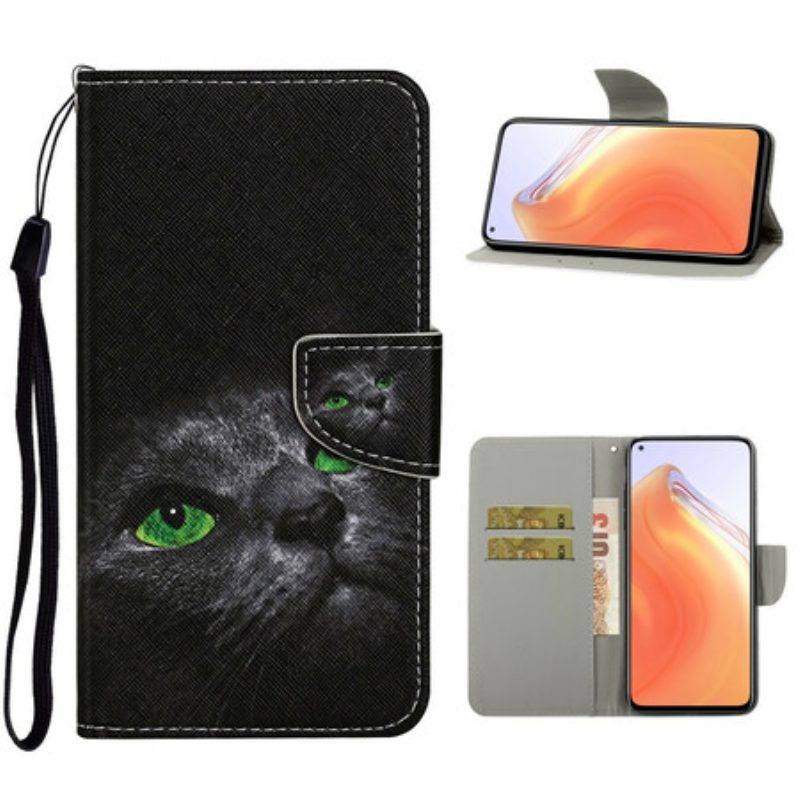 Lederhüllen Für Xiaomi Mi 10T / 10T Pro Grünäugige Katze Mit Schlüsselband