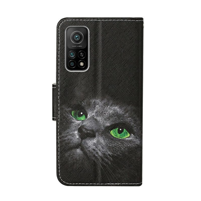 Lederhüllen Für Xiaomi Mi 10T / 10T Pro Grünäugige Katze Mit Schlüsselband