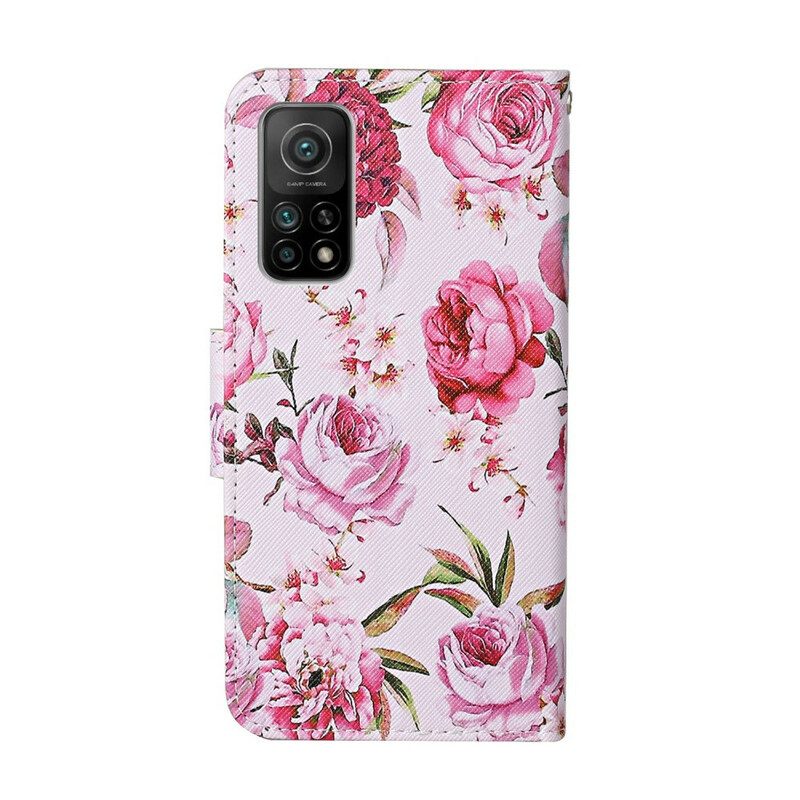 Lederhüllen Für Xiaomi Mi 10T / 10T Pro Meisterhafte Blumen Mit Riemen