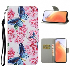 Lederhüllen Für Xiaomi Mi 10T / 10T Pro Schmetterlinge Blumen-lanyard