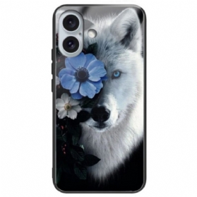 Hülle iPhone 16 Plus Handyhülle Gehärtetes Glas Mit Wolf Und Blauer Blume