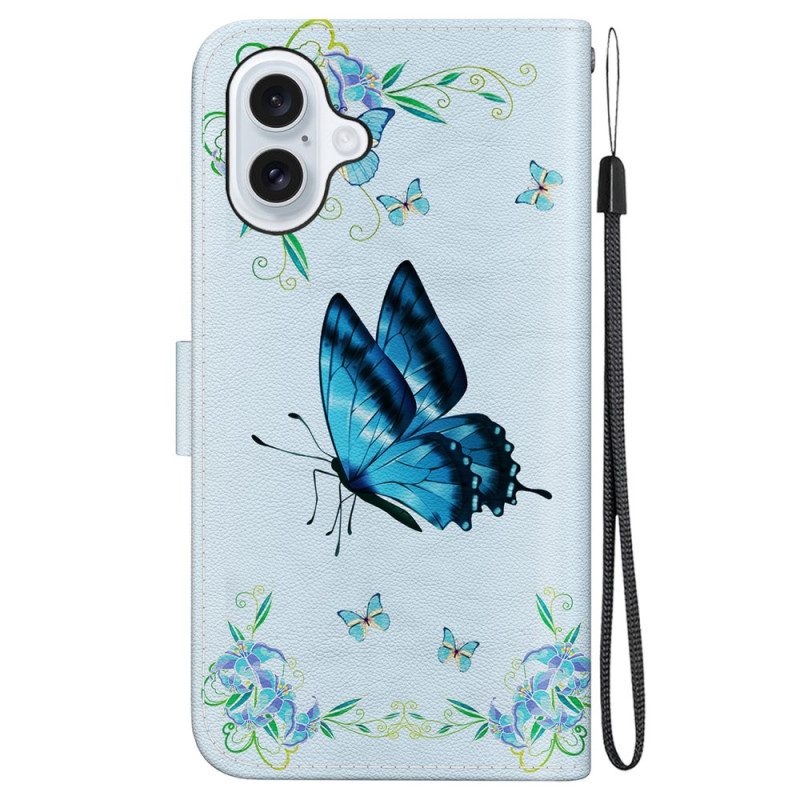 Lederhüllen Für iPhone 16 Plus Blaue Schmetterlinge Und Blumen Mit Riemen