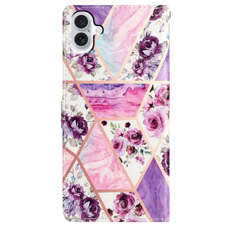 Lederhüllen Für iPhone 16 Plus Marmorviolette Blumen Mit Riemen