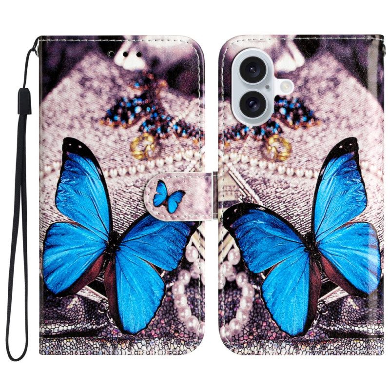 Lederhüllen iPhone 16 Plus Blauer Schmetterling Mit Riemen