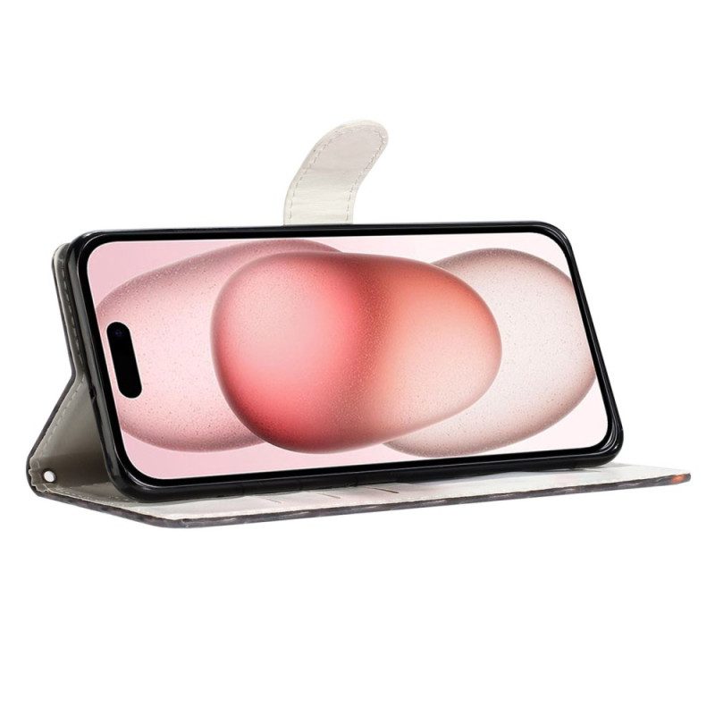 Lederhüllen iPhone 16 Plus Handyhülle Rosa Blumen Mit Riemen