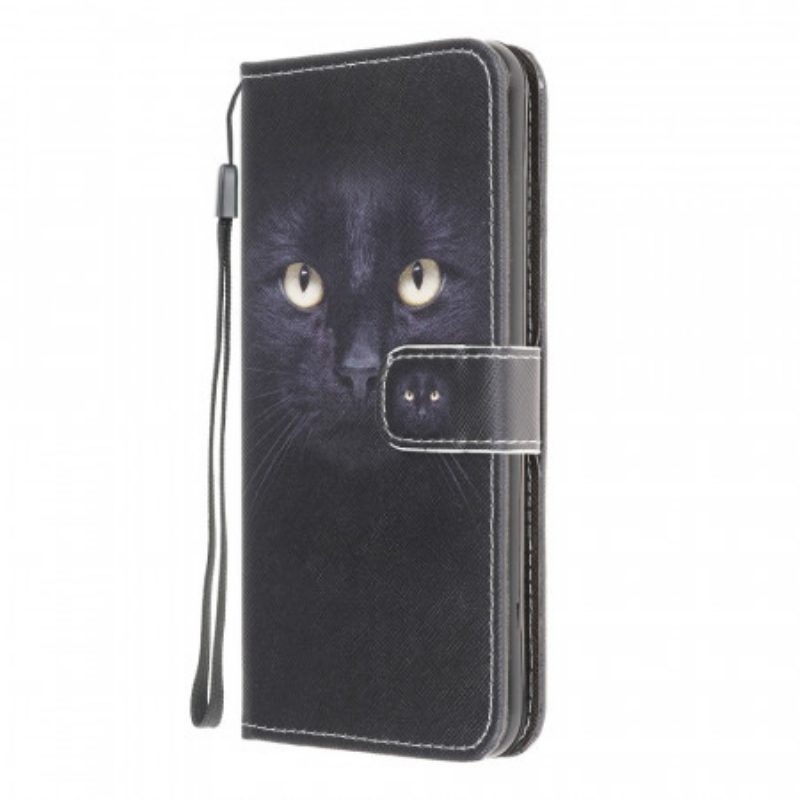 Flip Case Für Samsung Galaxy M32 Mit Kordel Riemchenförmige Schwarze Katzenaugen